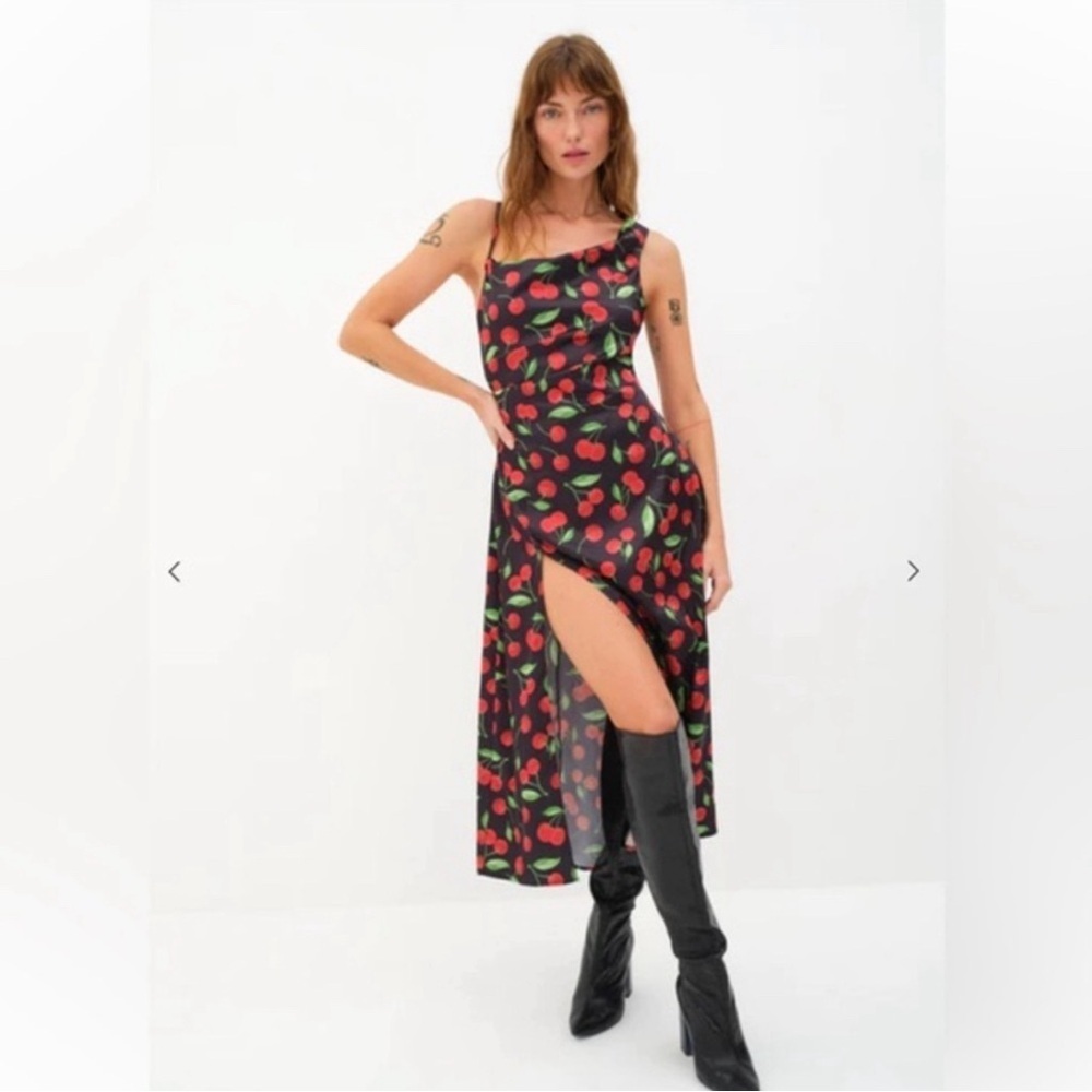 For Love & Lemons Xena Cherry Print Asymmetrical Slit Midi Dress XS